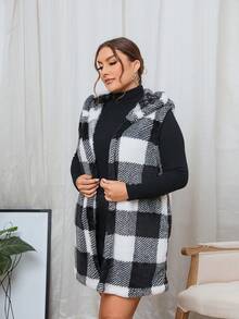 SHEIN Essnce 大碼水牛格紋連帽泰迪馬甲外套 - 黑與白 - 查看 4