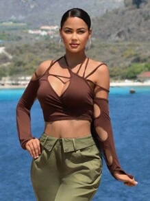 SHEIN SXY Solid Cutout Crop Tee - Brown - View 1