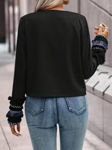 SHEIN Clasi 流蘇飾邊開襟夾克 - 黑色 - 查看 2