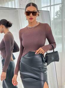 SHEIN Essnce Jersey unicolor tejido de canalé - Café integral - Ver 4