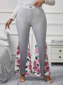 SHEIN Clasi Talla grande Pantalones acampanados con estampado floral de ombré - Gris Claro - Ver 1