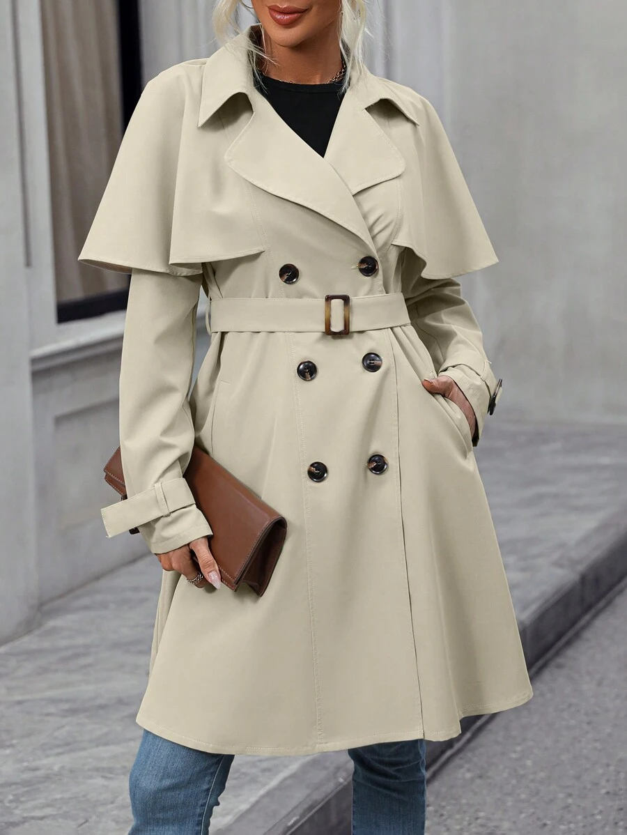 SHEIN LUNE Double Breasted Belted Trench Coat - Apricot - View 1