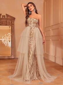 Contrast Mesh Sequin Tube Wedding Dress - Champagne - View 5