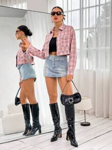 SHEIN Essnce 格紋印花落肩短款夾克 - 粉色 - 查看 2