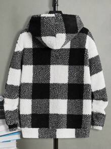 Manfinity VCAY Hombres Chaqueta Teddy Con Capucha Con Estampado De Cuadros De Búfalo, Hombro Caído Con Cordón Pero Sin Camiseta