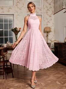Simplee Vestido halter de encaje liso - Rosa - Ver 1