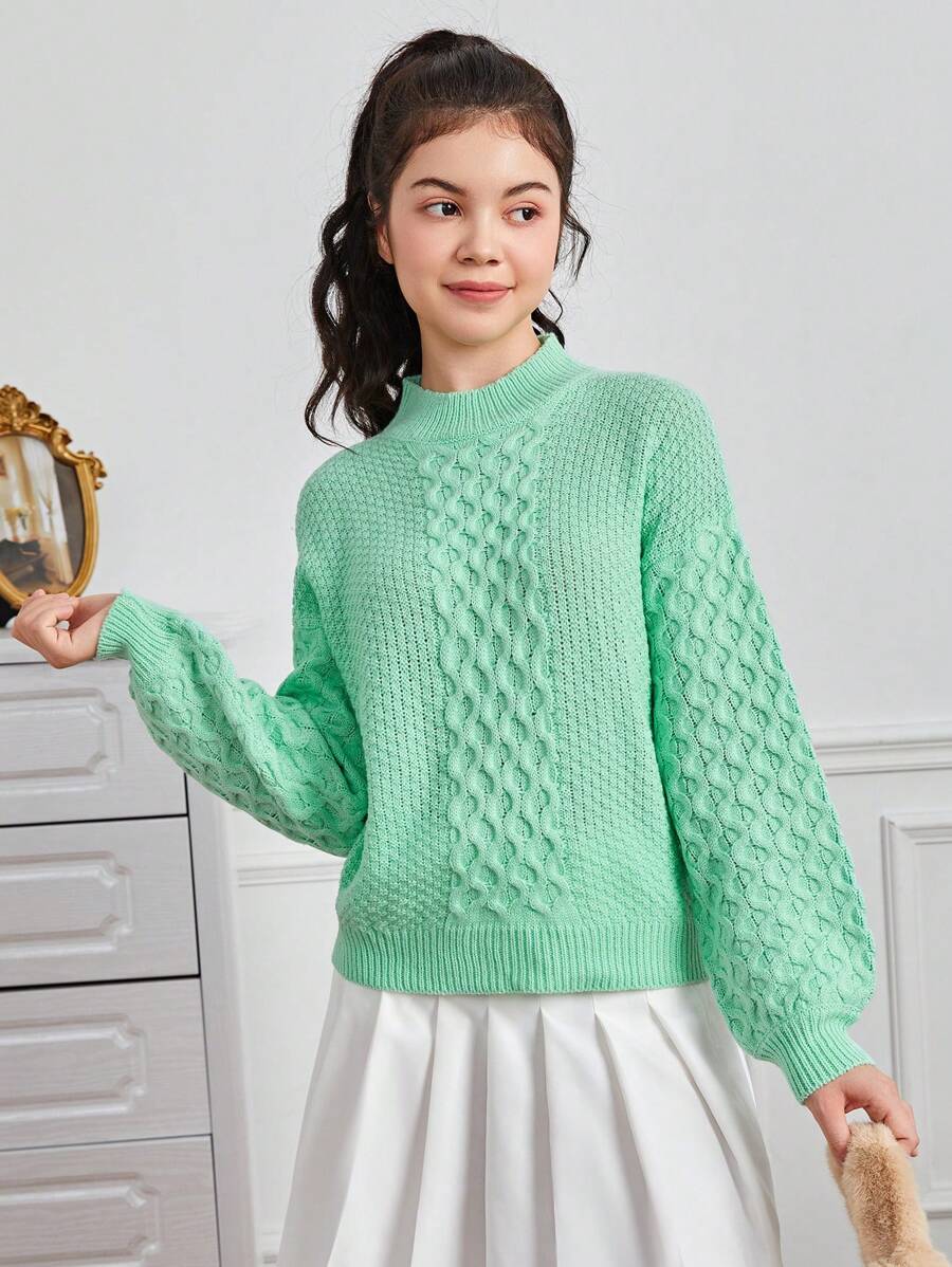 Teen Girl Drop Shoulder Mock Neck Cable Knit Sweater - Green - View 1
