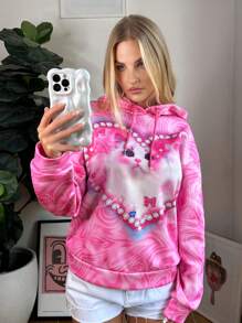SHEIN EZwear Tie Dye Heart & Cat Print Drop Shoulder Hoodie - Pink - View 5