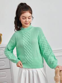 Teen Girl Drop Shoulder Mock Neck Cable Knit Sweater - Green - View 4
