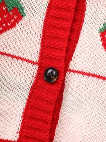 Teen Girl Checker & Strawberry Pattern Drop Shoulder Cardigan - Red and White - View 5