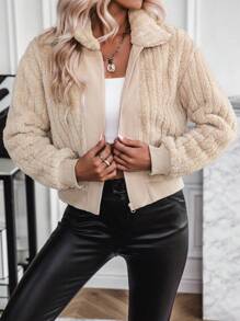 SHEIN LUNE Dây kéo Thả vai Áo Teddy Jackets - Màu be - Xem 3
