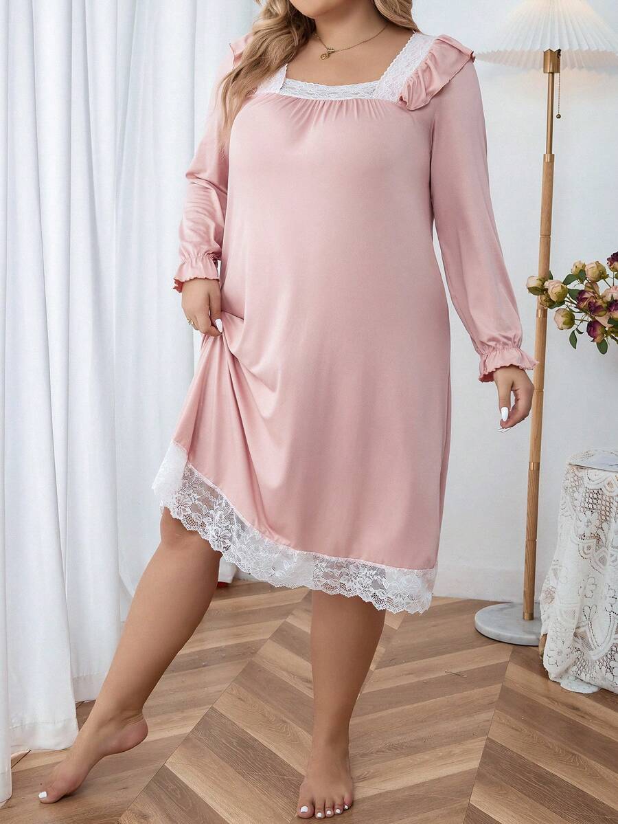 Hơn Ren tương phản Viền Ruffle tay áo lá sen Váy ngủ - Màu Hồng baby - Xem 1