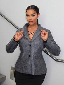 SHEIN SXY 西裝領PU皮革西裝外套 - 灰色 - 查看 4
