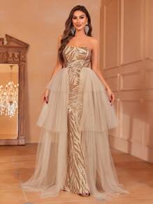 Contrast Mesh Sequin Tube Wedding Dress - Champagne - View 1