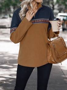 EMERY ROSE 幾何印花撞色前拉鍊落肩T恤 - 棕色 - 查看 6