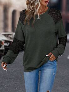 SHEIN LUNE Sudadera con encaje en contraste de manga raglán - Verde militar - Ver 4