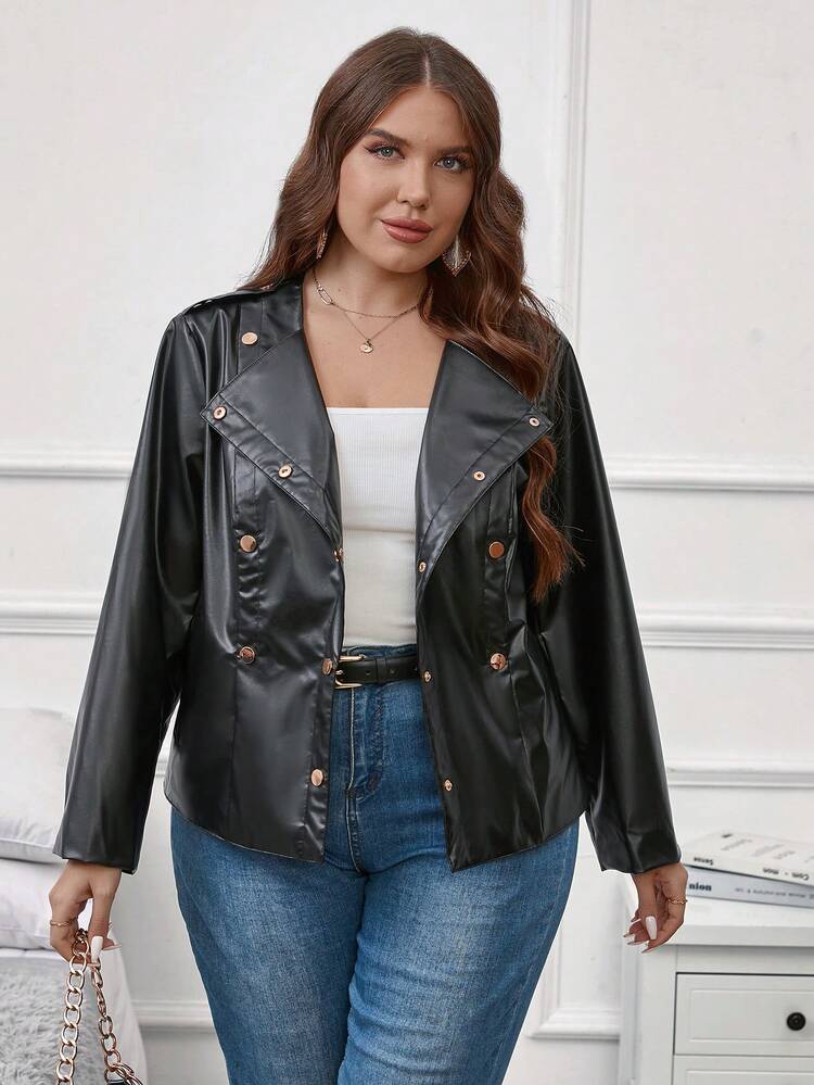 Plus Flap Detail PU Leather Jacket