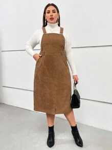 SHEIN Essnce Plus Slant Pocket Corduroy Overall Dress Without Tee - Khaki - View 1