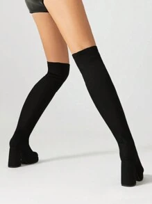 Women's Black Over-the-Knee Sock Boots: Slip-On Stretch Fit with High-Heel Platform and Square Toe - Black - View 2