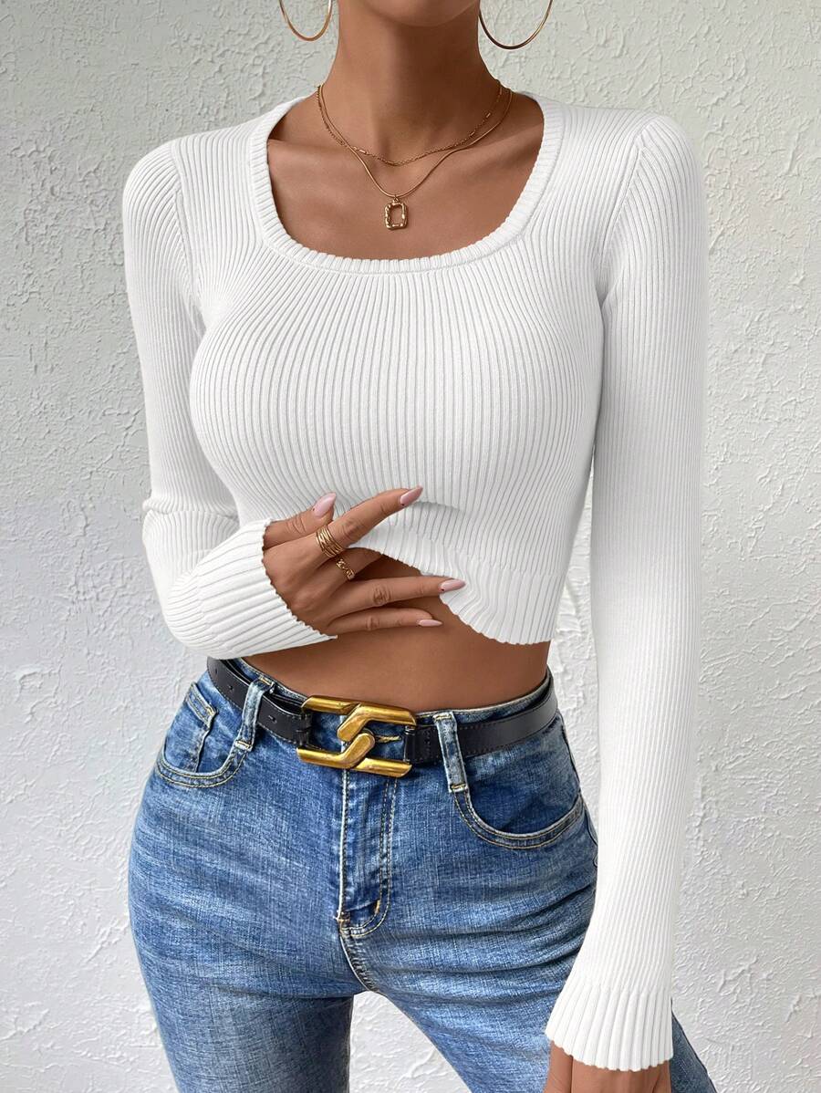 Chiquease 圆领罗纹针织短款毛衣，长袖套头针织衫，秋冬毛衣 - 白色 - 查看 1