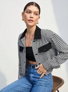 BizChic 千鳥格印花落肩袖翻蓋細節短夾克 - 黑與白 - 查看 4