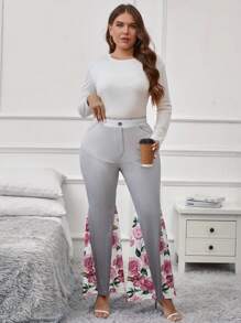 SHEIN Clasi Talla grande Pantalones acampanados con estampado floral de ombré - Gris Claro - Ver 3