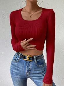 Chiquease Ribbed Knit Crop Knit Pullover Fall Winter Sweater - Burgundy - View 1