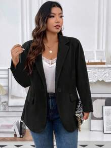 SHEIN Unity جاكيت بياقة مطوي مسنن مفتوح امامي مقاس كبير - الأسود - مشاهدة 5