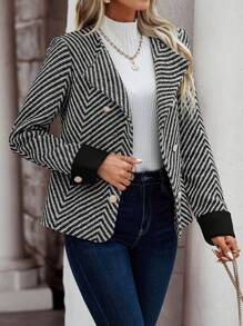 SHEIN Clasi Chevron Print Double Breasted Blazer - Black - View 5