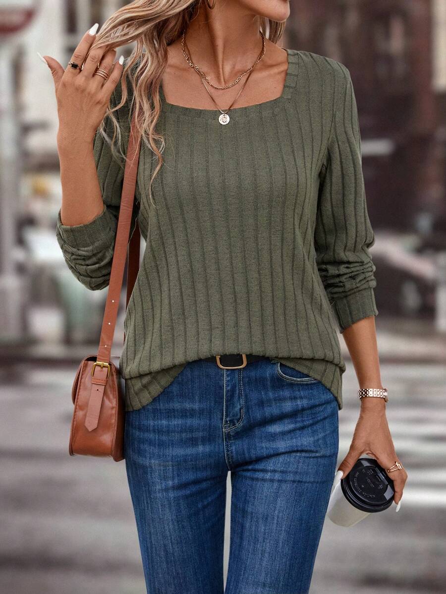 SHEIN LUNE Sudadera de cuello cuadrado tejido de canalé - Verde militar - Ver 1