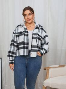 SHEIN Essnce Plus Plaid Print Drop Shoulder Jacket - Multicolor - View 5