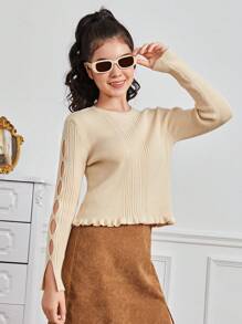 Teen Girl Cut Out Split Sleeve Lettuce Trim Ribbed Knit Sweater