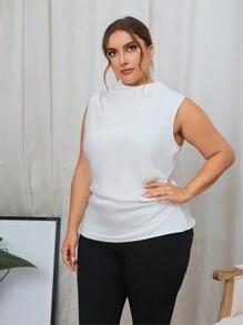 SHEIN Privé Plus Solid Ruched Side Blouse - White - View 6