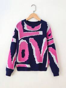 Teen Girl Letter Pattern Drop Shoulder Sweater