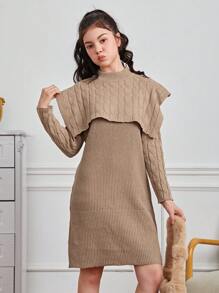 Chica adolescente Vestido de punto tejido de cable 2 en 1 - Caqui - Ver 4