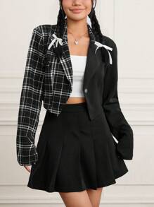 SHEIN EZwear Plaid Print Blazer & Pleated Skirt - Black and White - View 4