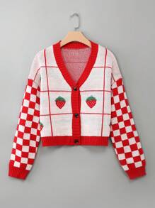 Teen Girl Checker & Strawberry Pattern Drop Shoulder Cardigan - Red and White - View 1