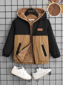 SHEIN Leap Crew Young Boy Two Tone Teddy Lined Hooded Jacket - Black - View 1