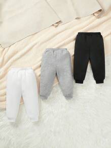 SHEIN Baby Boy 3pcs Letter Patched Detail Tie Waist Sweatpants - Black and White - View 2