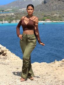 SHEIN SXY Solid Cutout Crop Tee - Brown - View 4