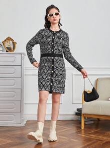 Teen Girl Allover Pattern Button Front Sweater Dress - Black and White - View 4