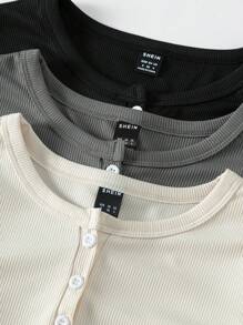 SHEIN Unity 3pcs Half Button Ribbed Knit Tee - Multicolor - View 5