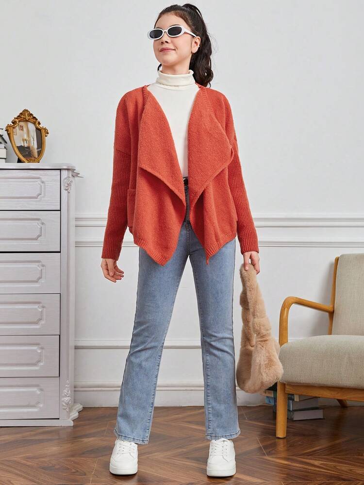 Teen Girl Waterfall Collar Dual Pocket Drop Shoulder Cardigan