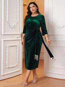 Modelyn Plus Wrap Knot Side Velvet Dress - Dark Green - View 1