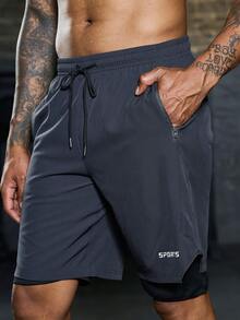 Manfinity Sport Corelite 男士字母圖案腰部抽繩二合一運動短褲帶手機袋 - 深灰色 - 查看 4