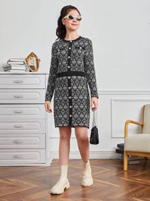 Teen Girl Allover Pattern Button Front Sweater Dress - Black and White - View 6