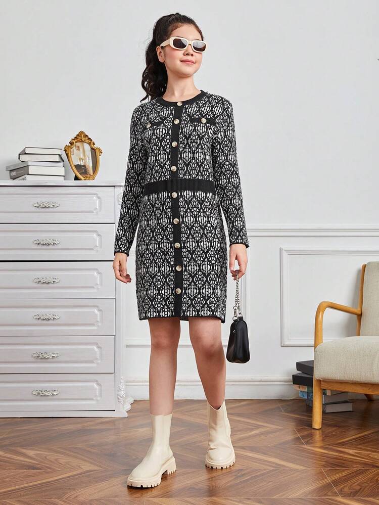 Teen Girl Allover Pattern Button Front Sweater Dress