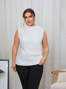 SHEIN Privé Plus Solid Ruched Side Blouse - White - View 5