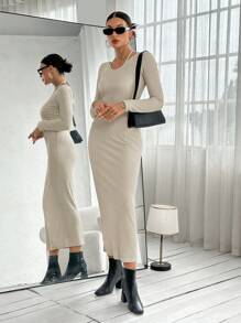 SHEIN Essnce Solid Ribbed Tie Back Split Bodycon Dress - Beige - View 3