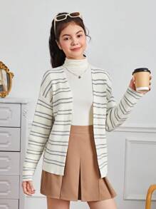 Teen Girl Striped Pattern Drop Shoulder Duster Cardigan - White - View 4